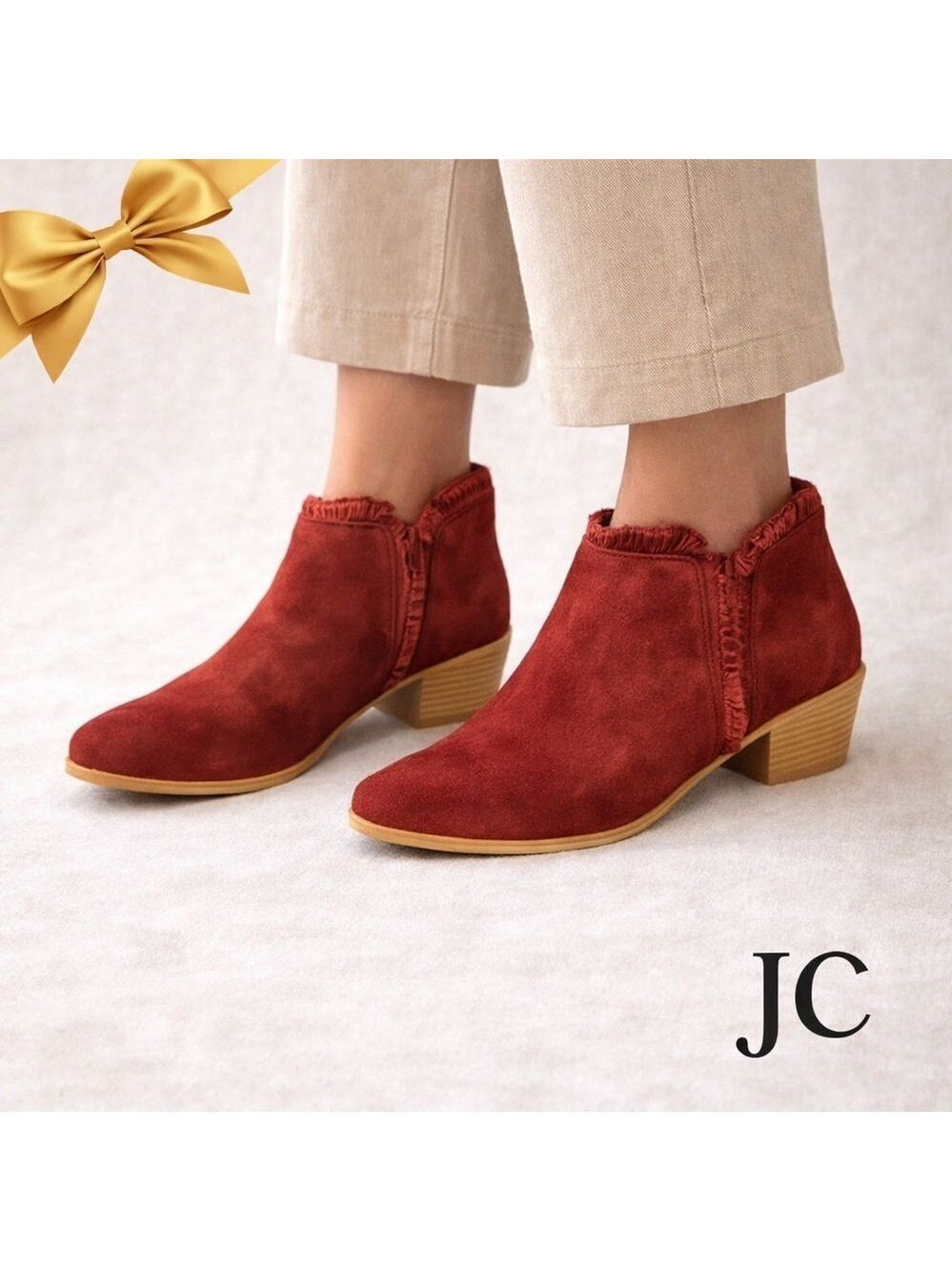 JC Burgundy Plush Ankle Fringe Booties Size 8